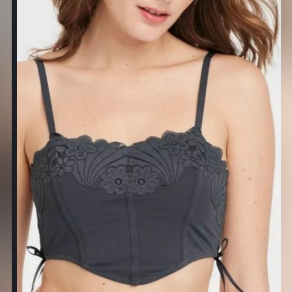 Small Colsie Grey Lace Crop Top / Bralette With Ribbon Tie On The Side